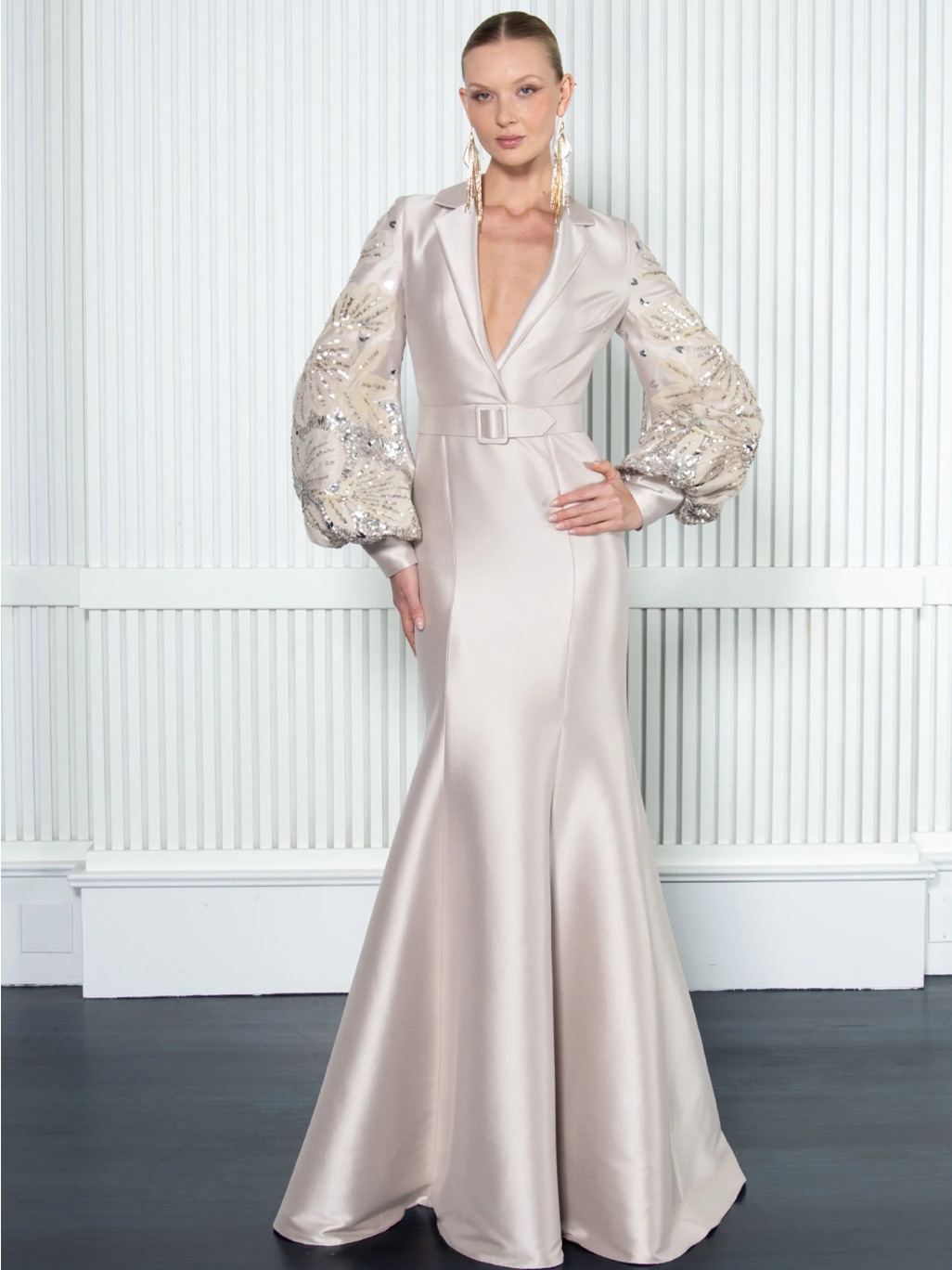 Badgley Mischka Beaded Tulle-Sleeve Blazer Mermaid Gown